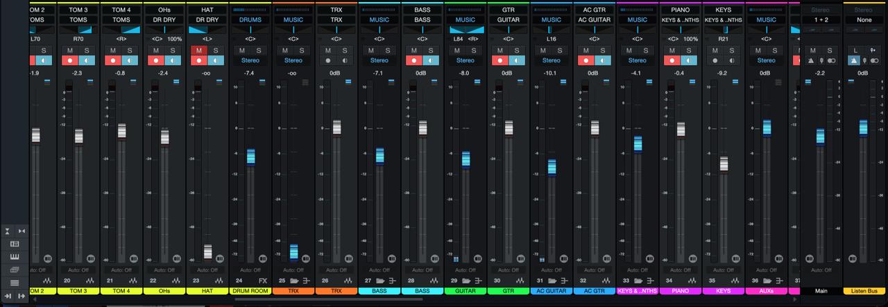 Studio One mixer showing drum, bass, guitar, keyboard, and output channels with their faders and routing.